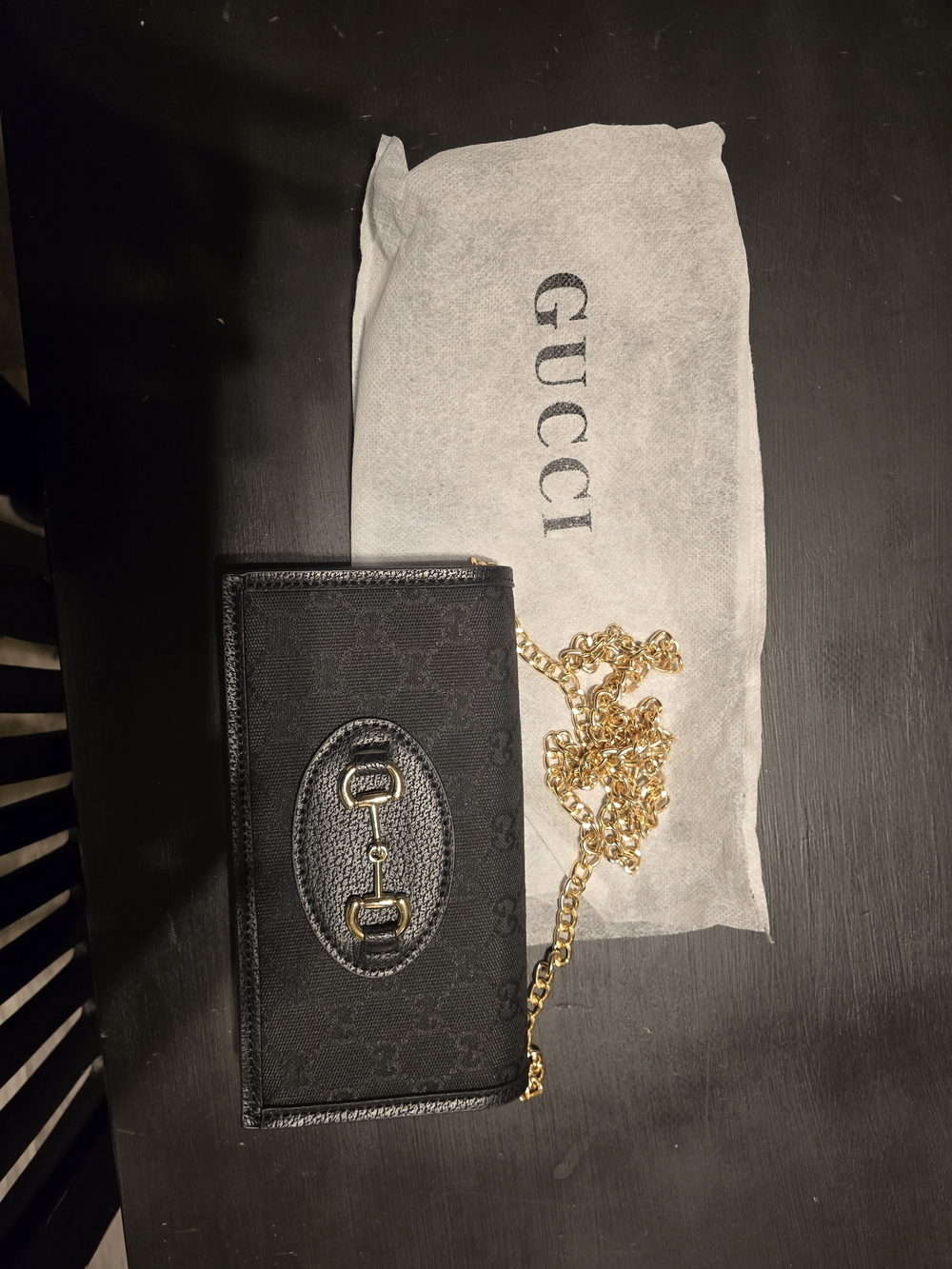 Gucci Black GG Canvas Crossbody Card Case with Gold Chain